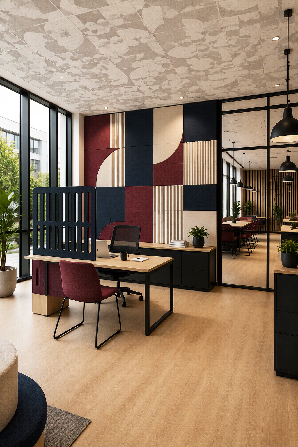 Open space avec mur d'habillage acoustique géométrique bleu, bordeaux et beige