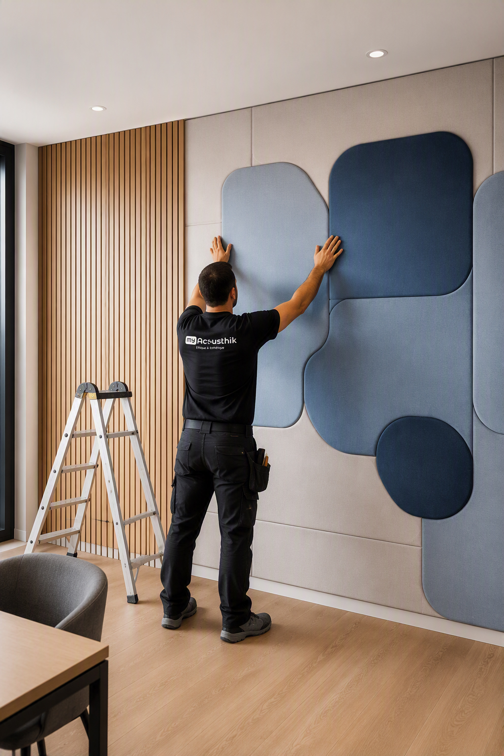 Poseur MYACOUSTHIK installant des panneaux acoustiques muraux