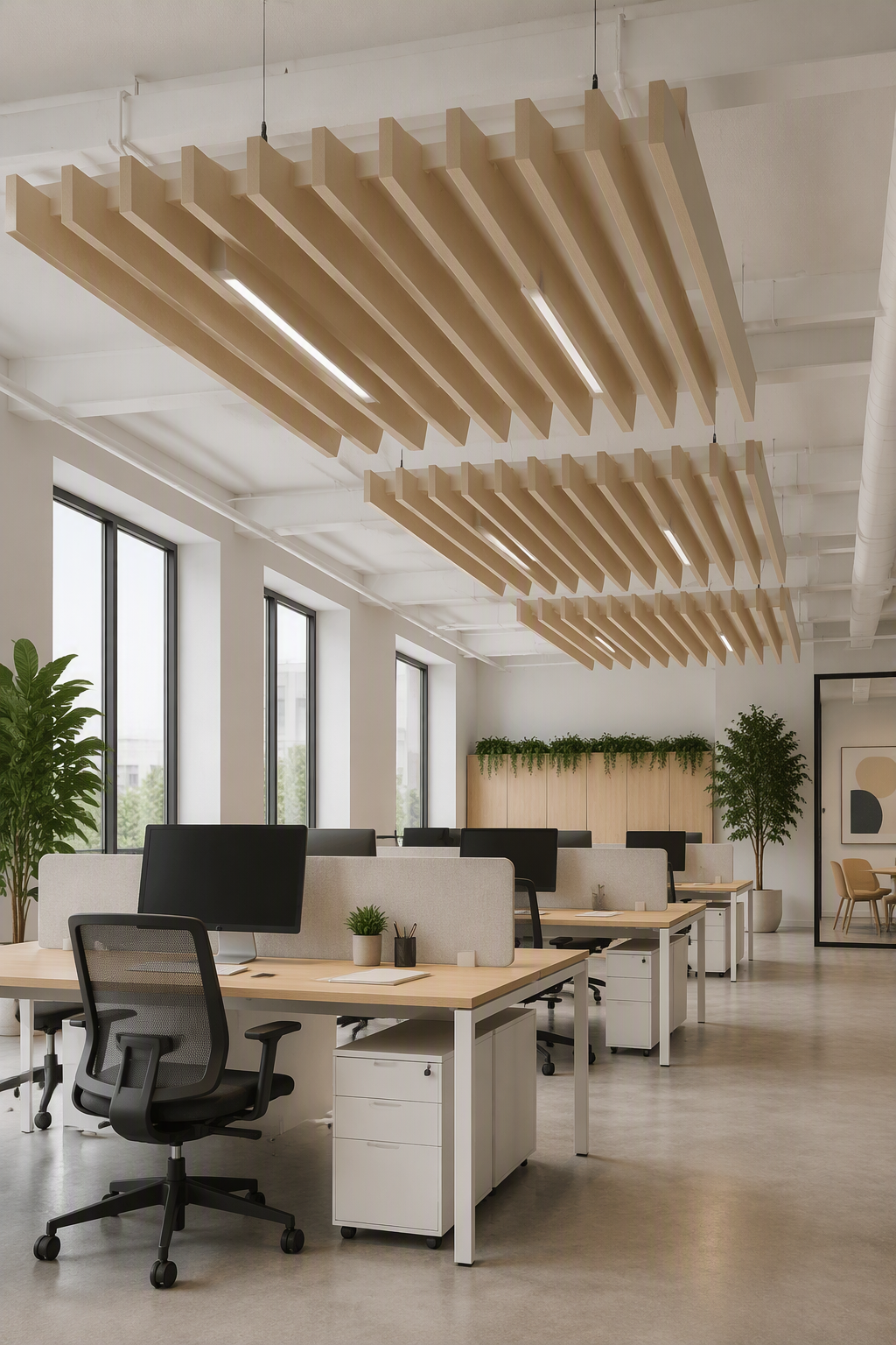 Baffles acoustiques en bois suspendus au plafond d'un bureau
