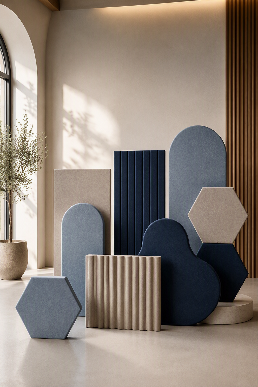 Panneaux acoustiques aux formes variées (hexagone, arche, vagues) en bleu et beige