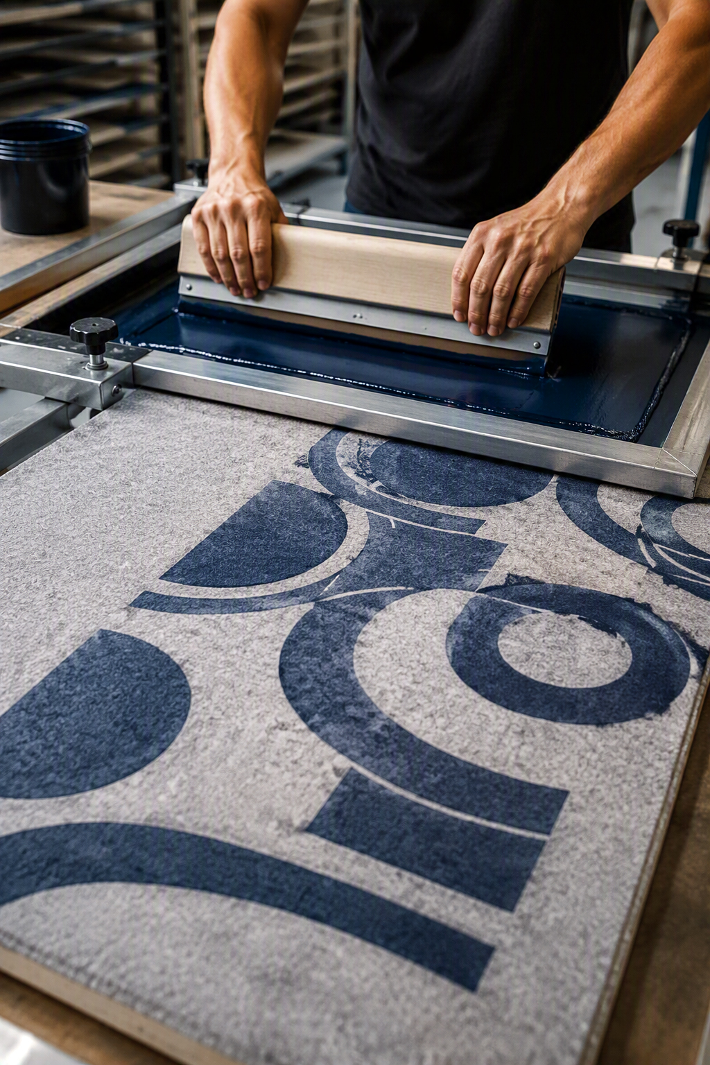 Sérigraphie d'un motif géométrique bleu marine sur un panneau acoustique