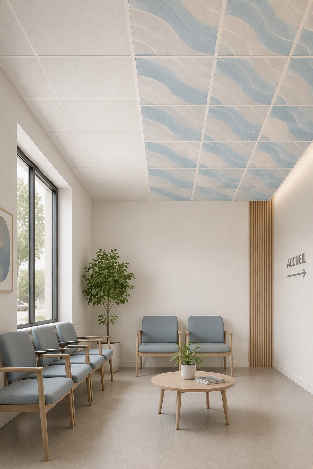 Dalles de faux plafond au motif ondulé bleu et beige