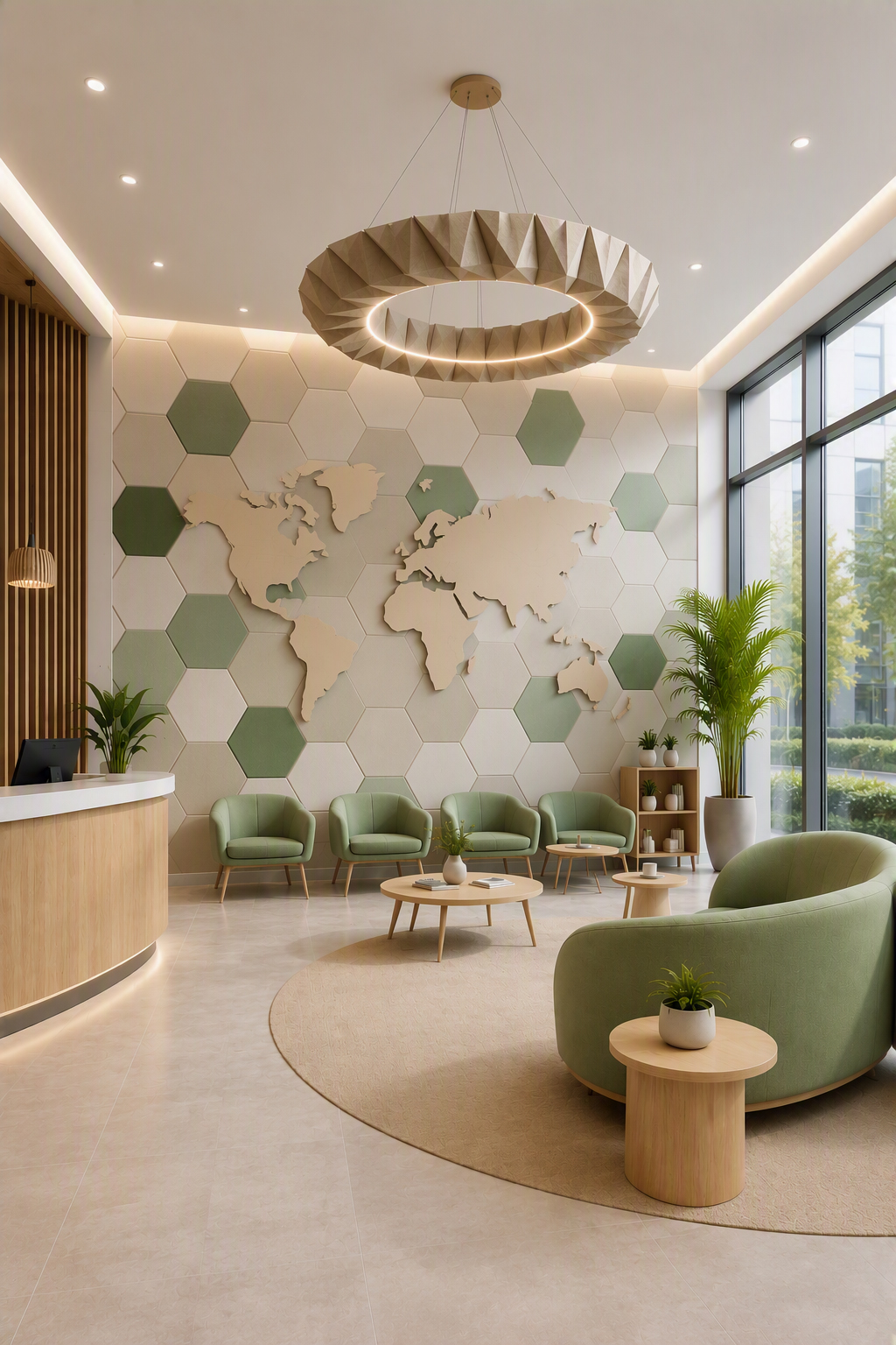 Espace d'accueil avec panneaux muraux hexagonaux verts et beiges