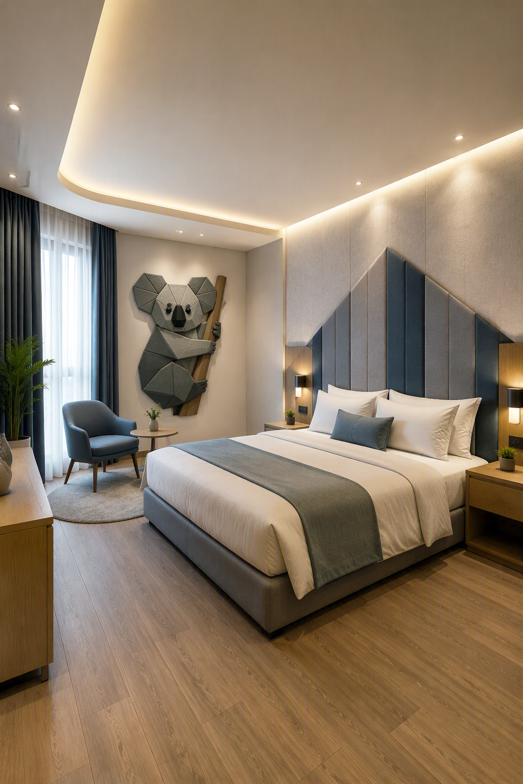 Tête de lit acoustique capitonnée bleue dans une chambre d'hôtel